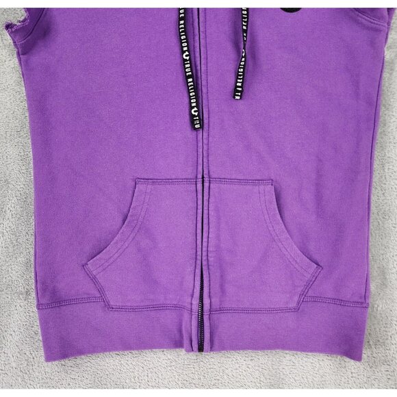 True Religion Hoodie Womens Small Purple Full Zip Cutoff Sleeves Sweatshirt - Picture 7 of 11